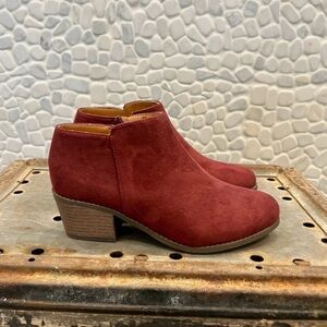 Women's Red Suede Low Block Heel Ankle Booties